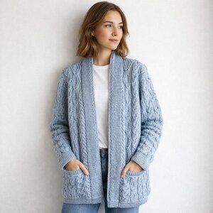 Aran Mor Merino Wool Cable Knit Blue Open Front Cardigan XL